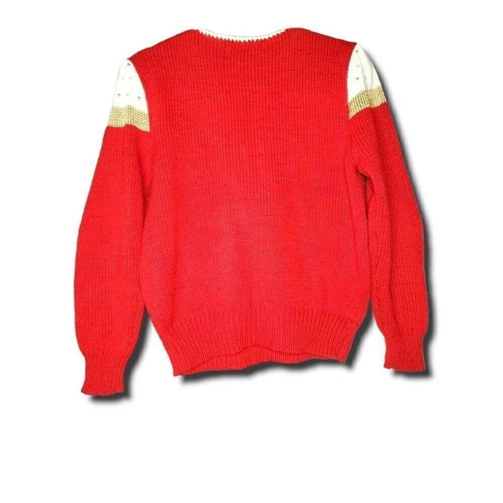 Dana Scott Vintage Women's Sweater Red Gold White V-Neck Beaded Size L - Picture 2 of 5